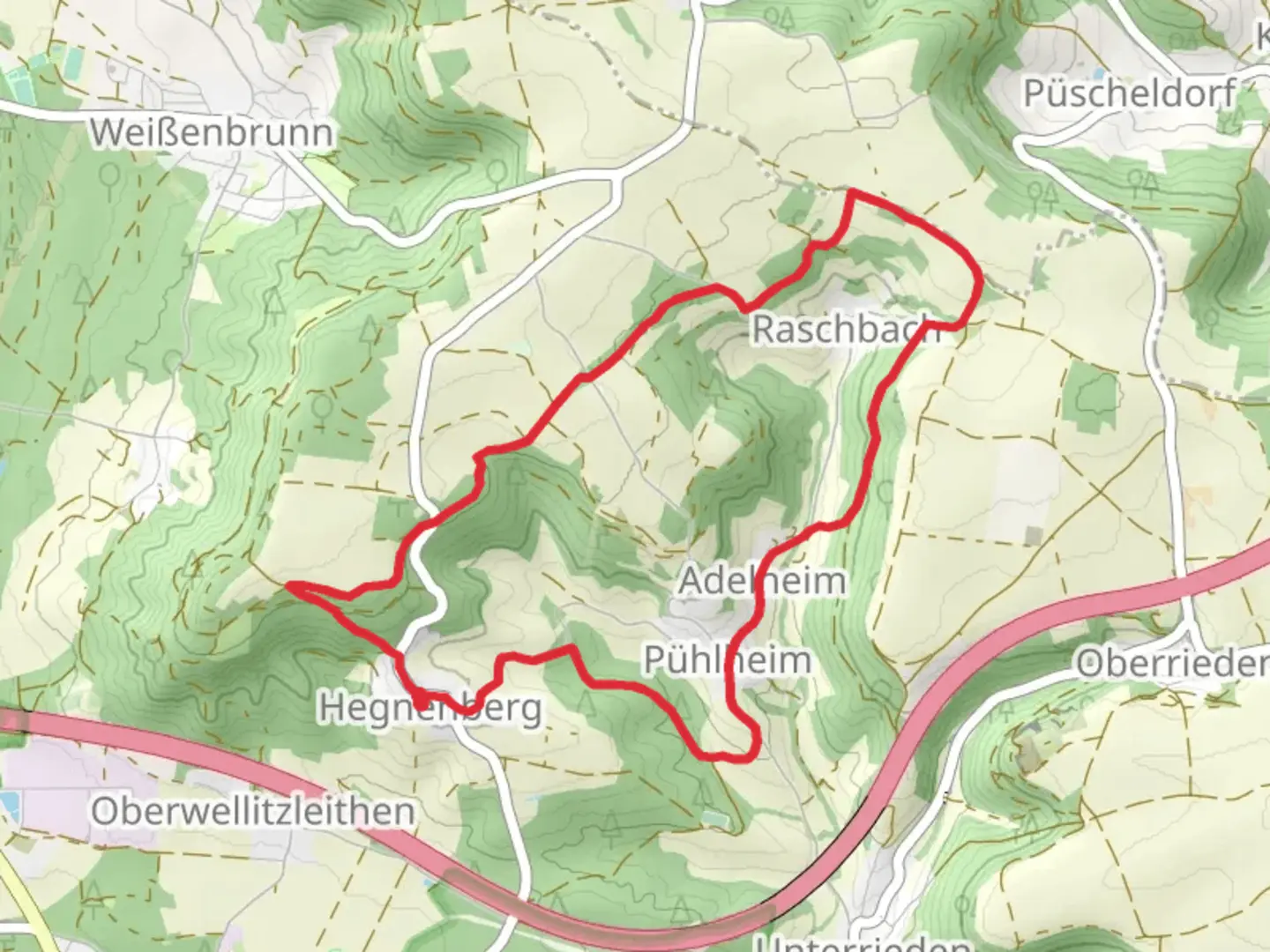 An image depicting the trail Hegnenberg to Raschbach Loop and its surrounding area.