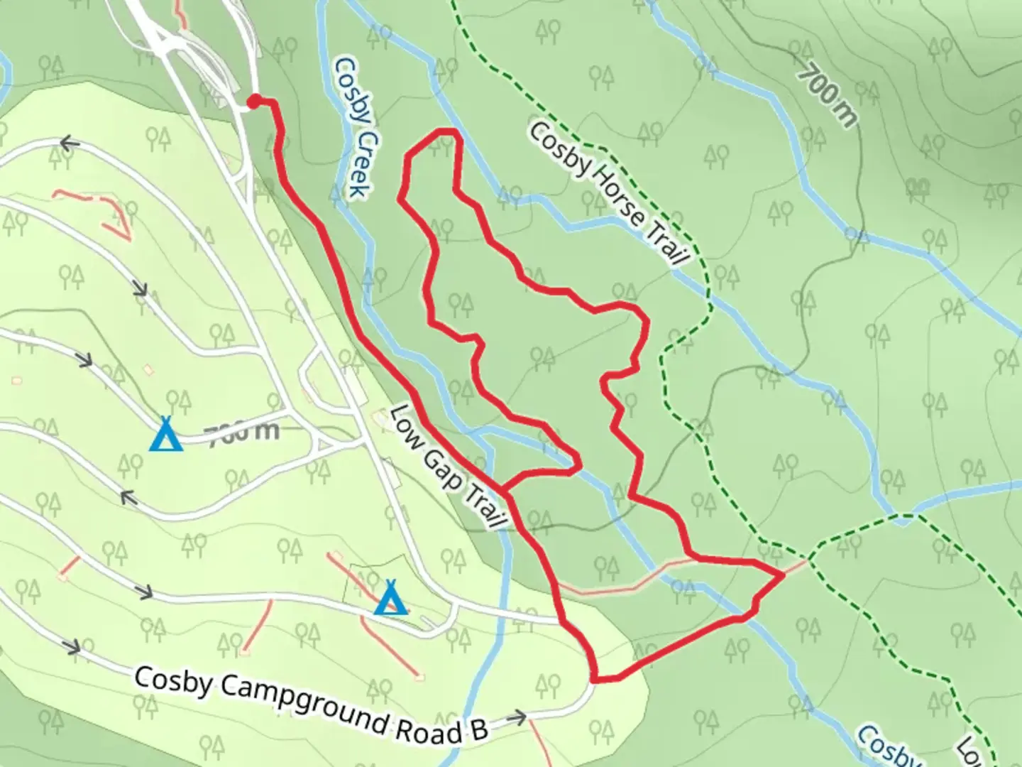 An image depicting the trail Low Gap Trail and Cosby Nature Trail Loop and its surrounding area.