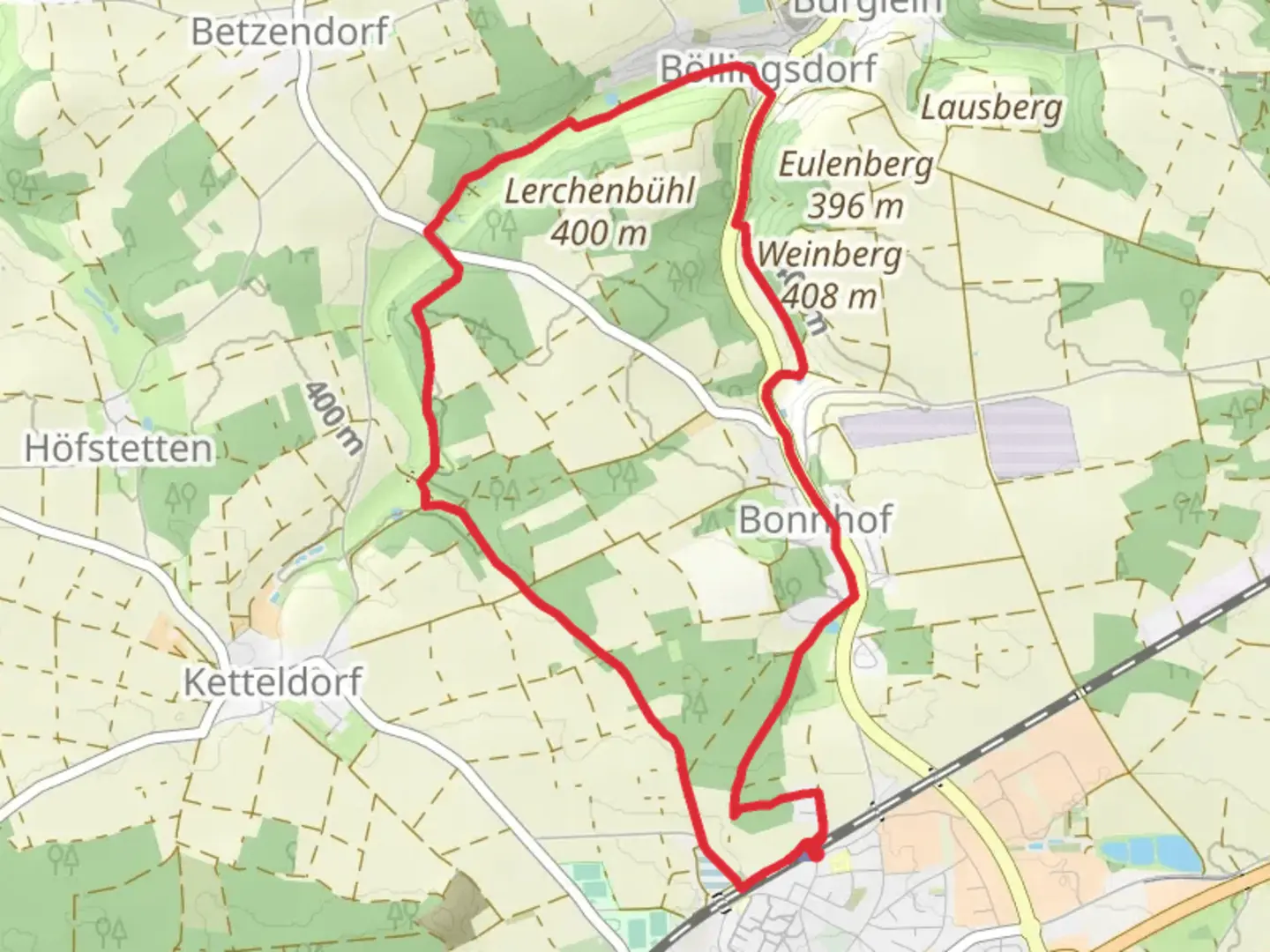 An image depicting the trail Heilsbronner Rundweg 3 and Zollernweg and its surrounding area.