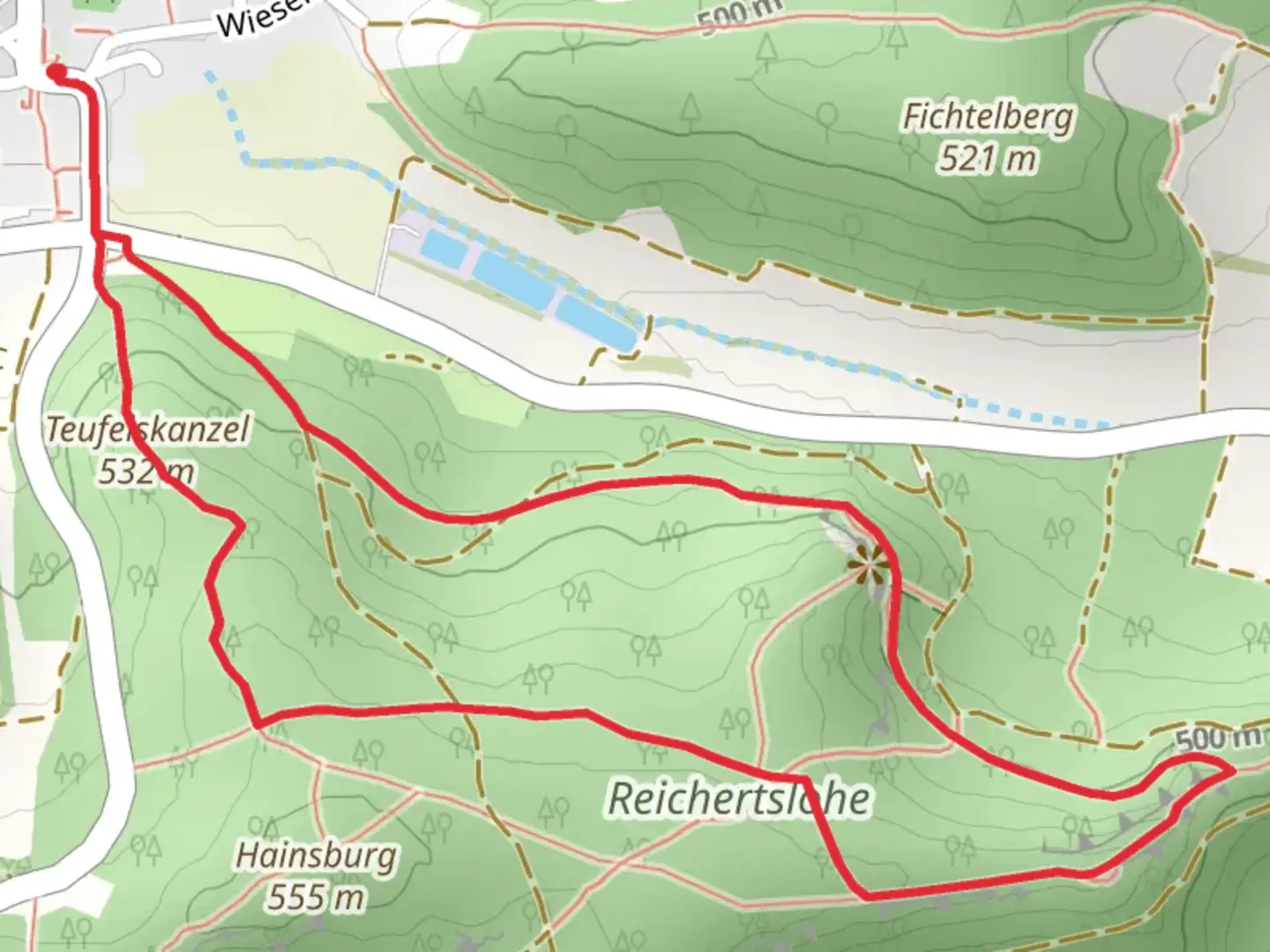 An image depicting the trail Teufelskanzel and Reichertslohe Loop and its surrounding area.