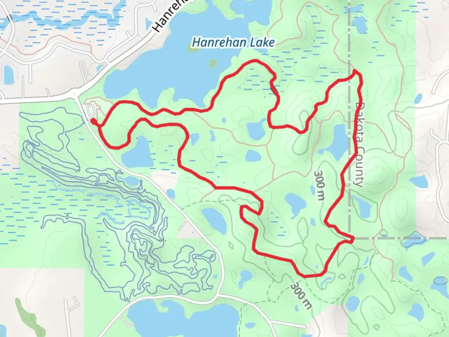 An image depicting the trail Hanrehan Lake Southside Loop and its surrounding area.