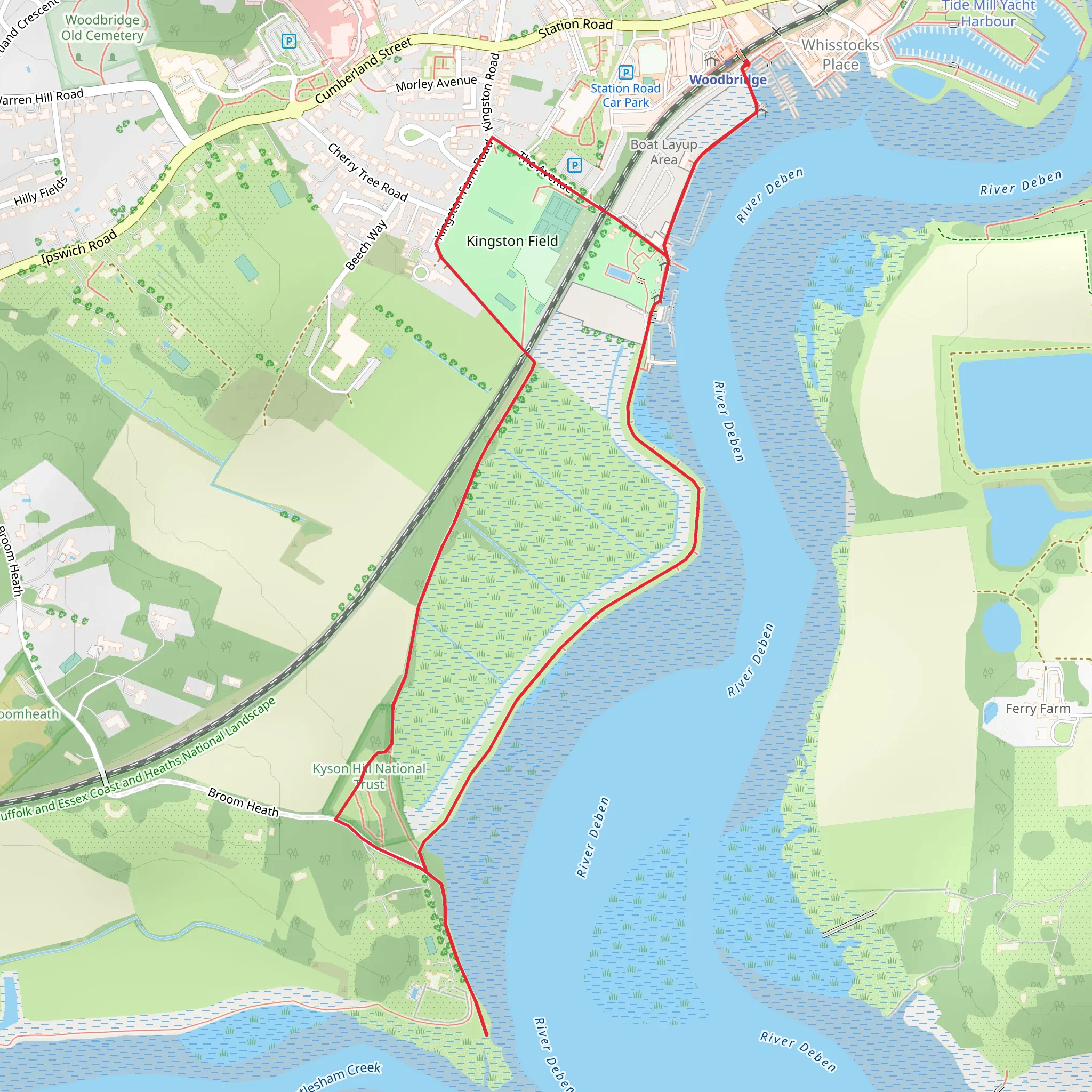 Kyson Hill and Kyson Point Walk - Woodbridge - Suffolk mobile static map