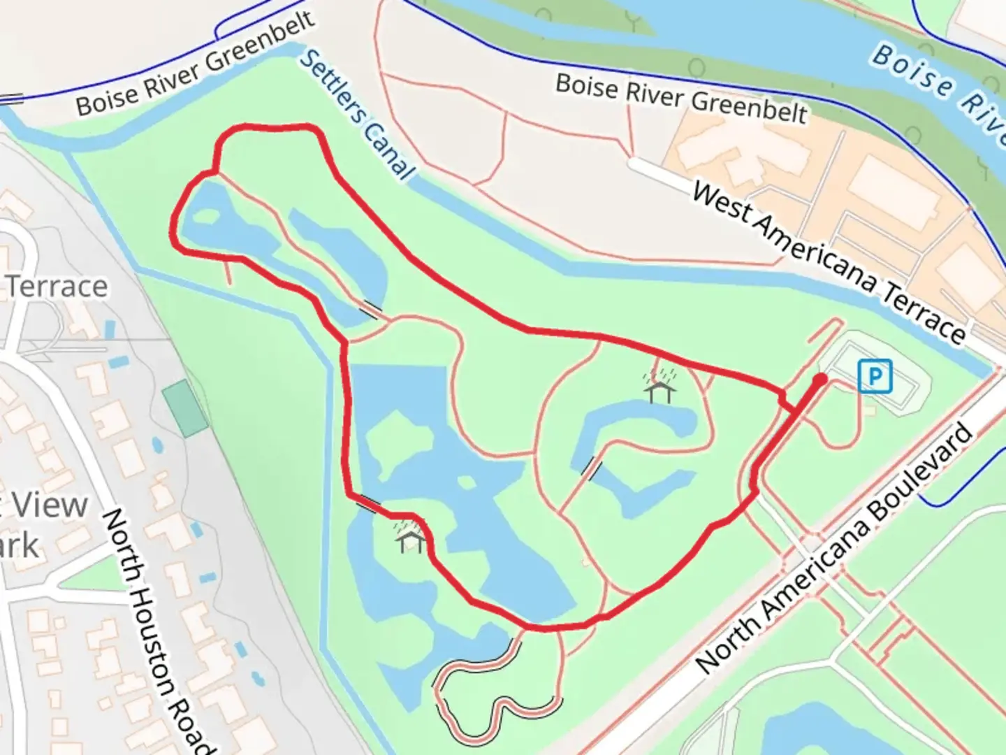 An image depicting the trail Kathryn Albertson Park Loop and its surrounding area.