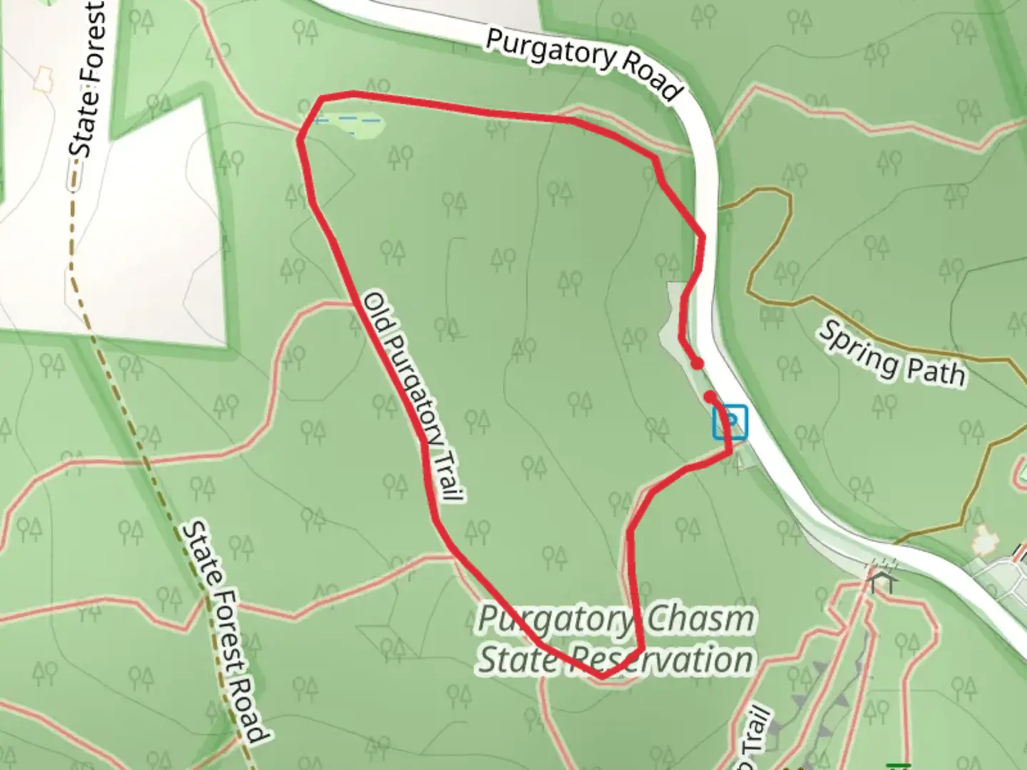 An image depicting the trail Purgatory Chasm State Park Loop and its surrounding area.
