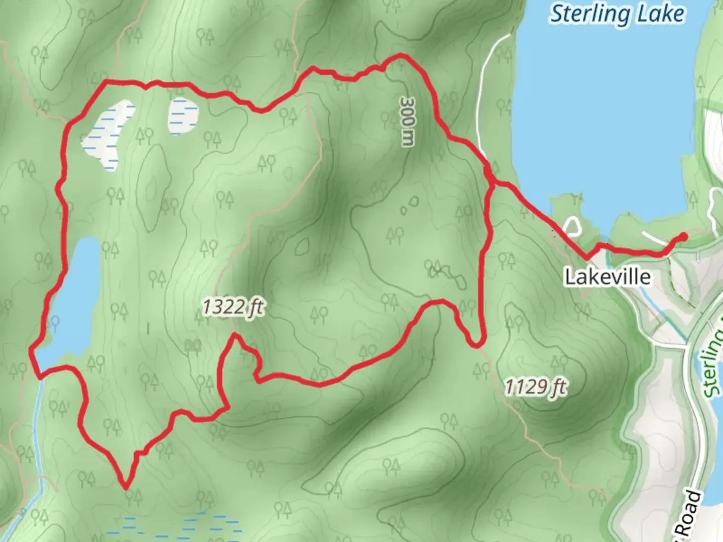 An image depicting the trail Sterling Lake Loop via Fire Tower and West Valley Trail and its surrounding area.