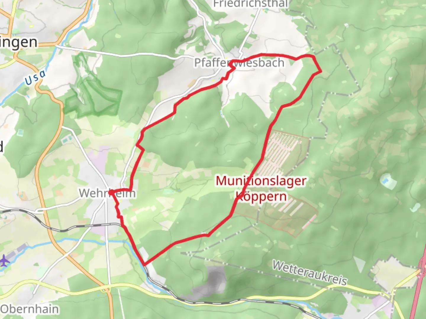 An image depicting the trail Wehrheim and Pfaffenwiesbach Loop and its surrounding area.