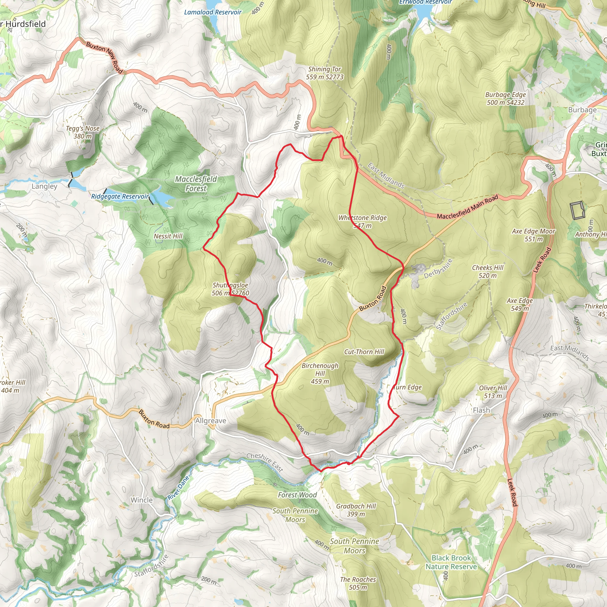 Wildboarclough East Loop via Whetstone Ridge and Three Shire Head mobile static map