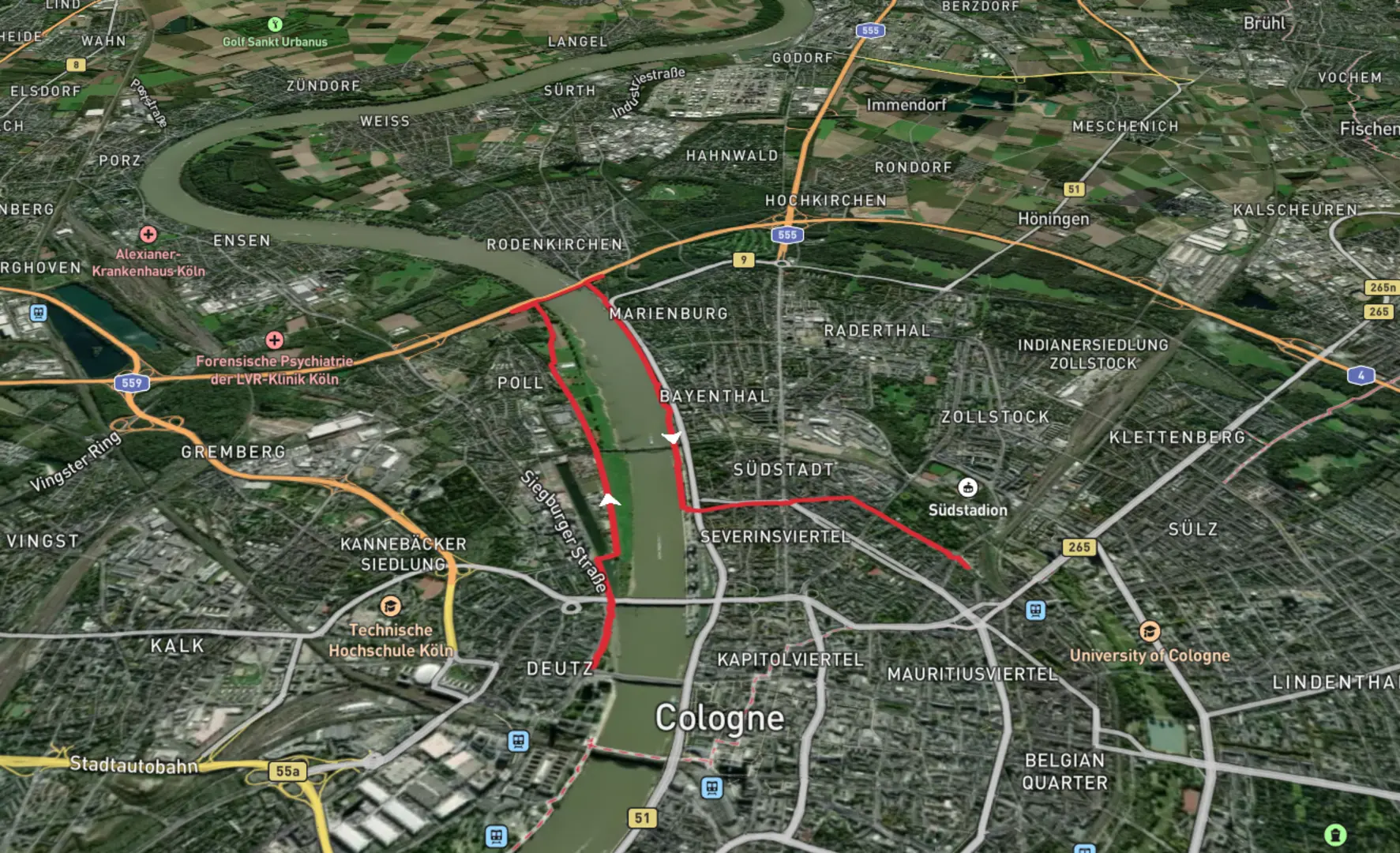 An image depicting the trail Rhein via Weidenweg and Linksrheinischer Jakobsweg and its surrounding area.