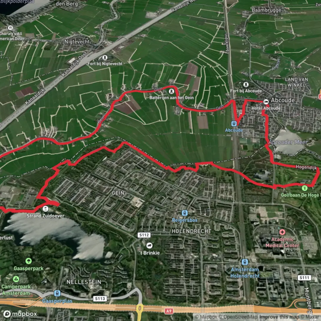 An image depicting the trail Gaasperplas and Abcouder Meer via Liniepad and Gaasperplas Route and its surrounding area.