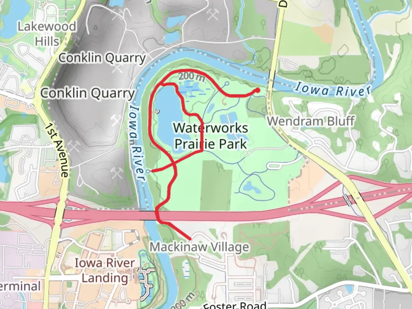 An image depicting the trail Waterworks Prairie Park Loop and its surrounding area.