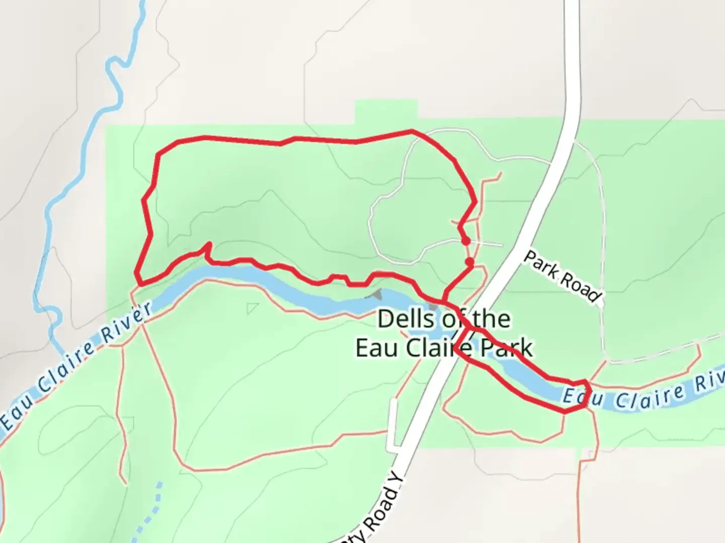 An image depicting the trail Dells of the Eau Claire Country Park Loop and its surrounding area.
