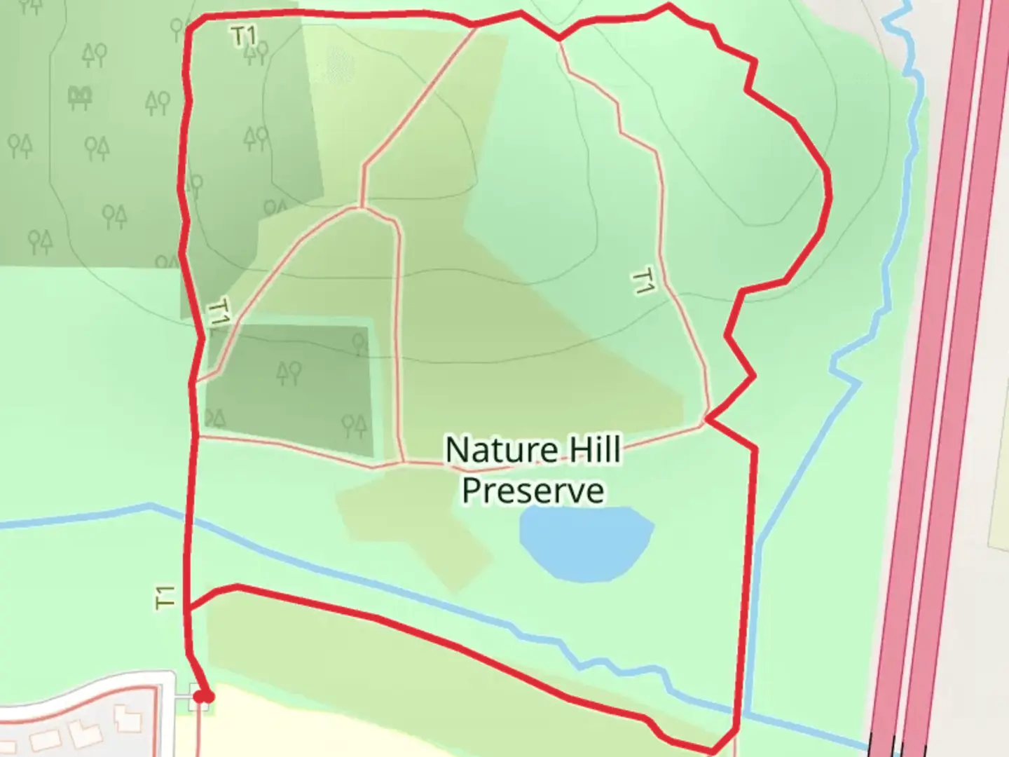 An image depicting the trail Nature Hill Preserve Loop and its surrounding area.