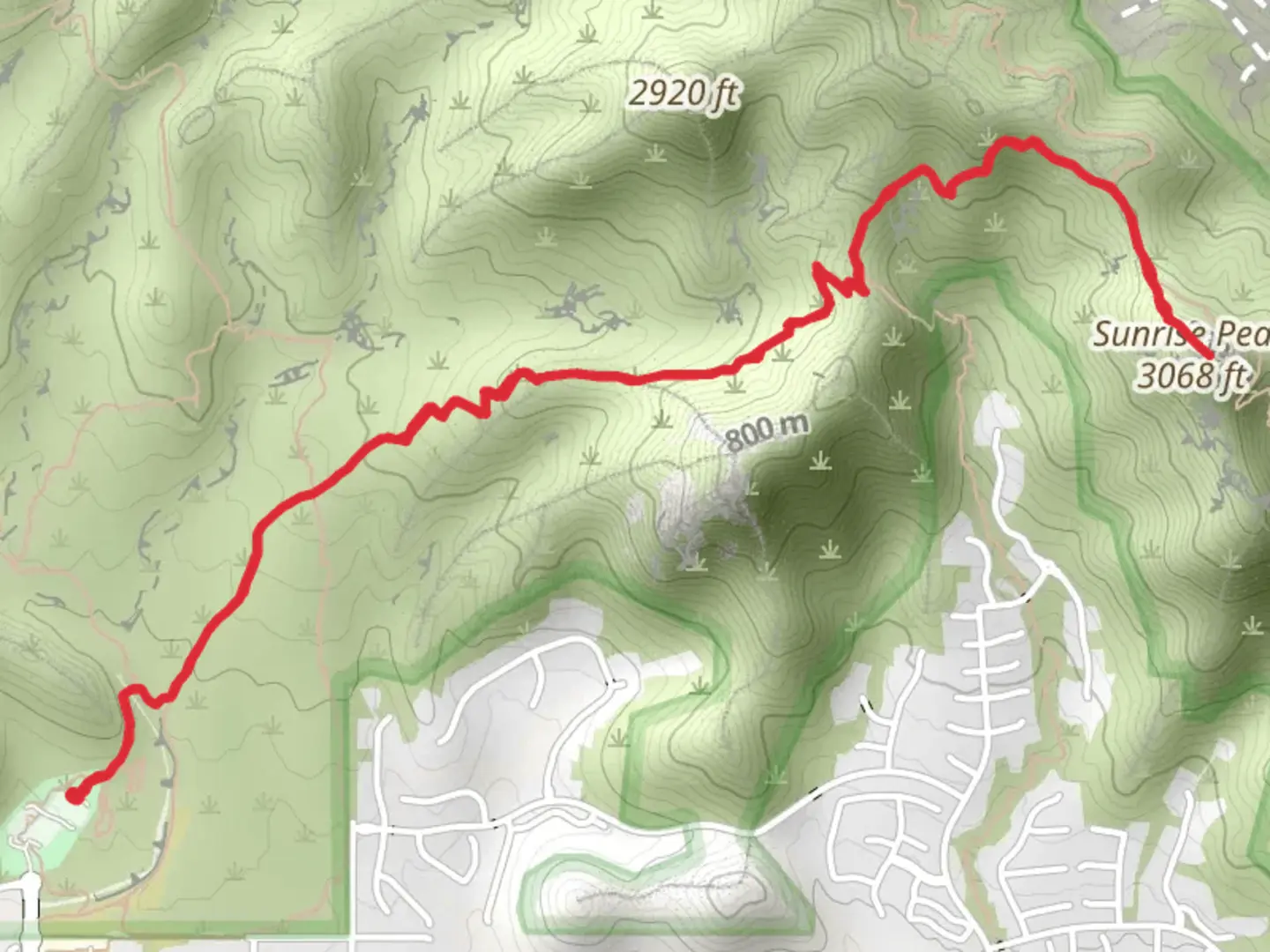 An image depicting the trail Sunrise Peak Trail Out and Back and its surrounding area.