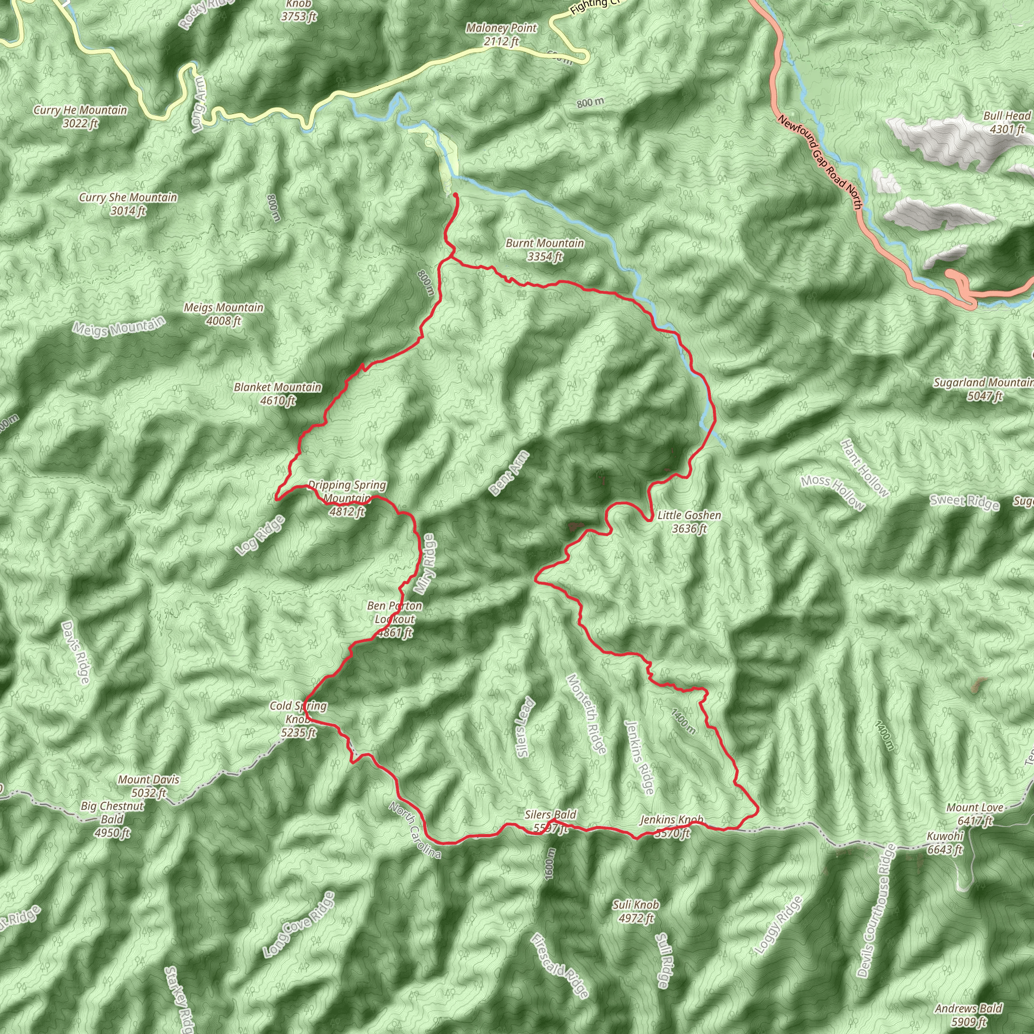 Goshen Prong, Jenkins Knob, Silers Bald and Dripping Spring Mountain Loop Trail mobile static map
