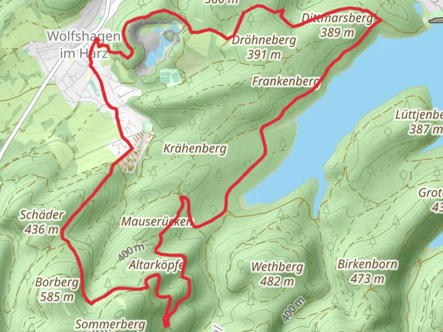 An image depicting the trail Wolfshagen im Harz and Heimberg Loop and its surrounding area.