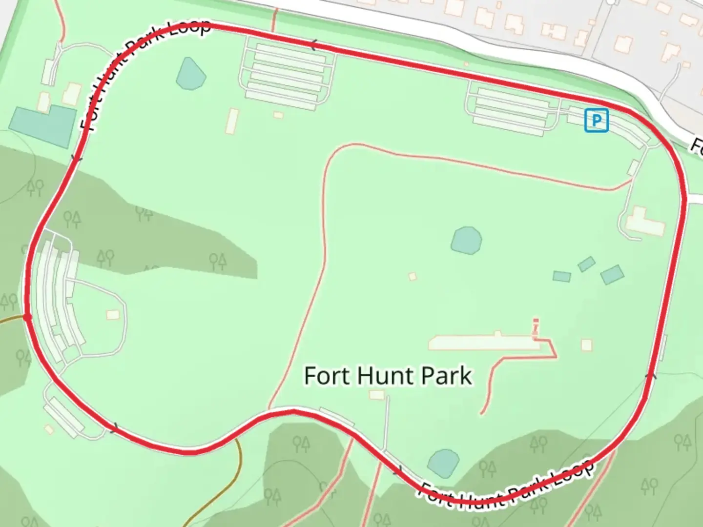 An image depicting the trail Fort Hunt Park Loop and its surrounding area.