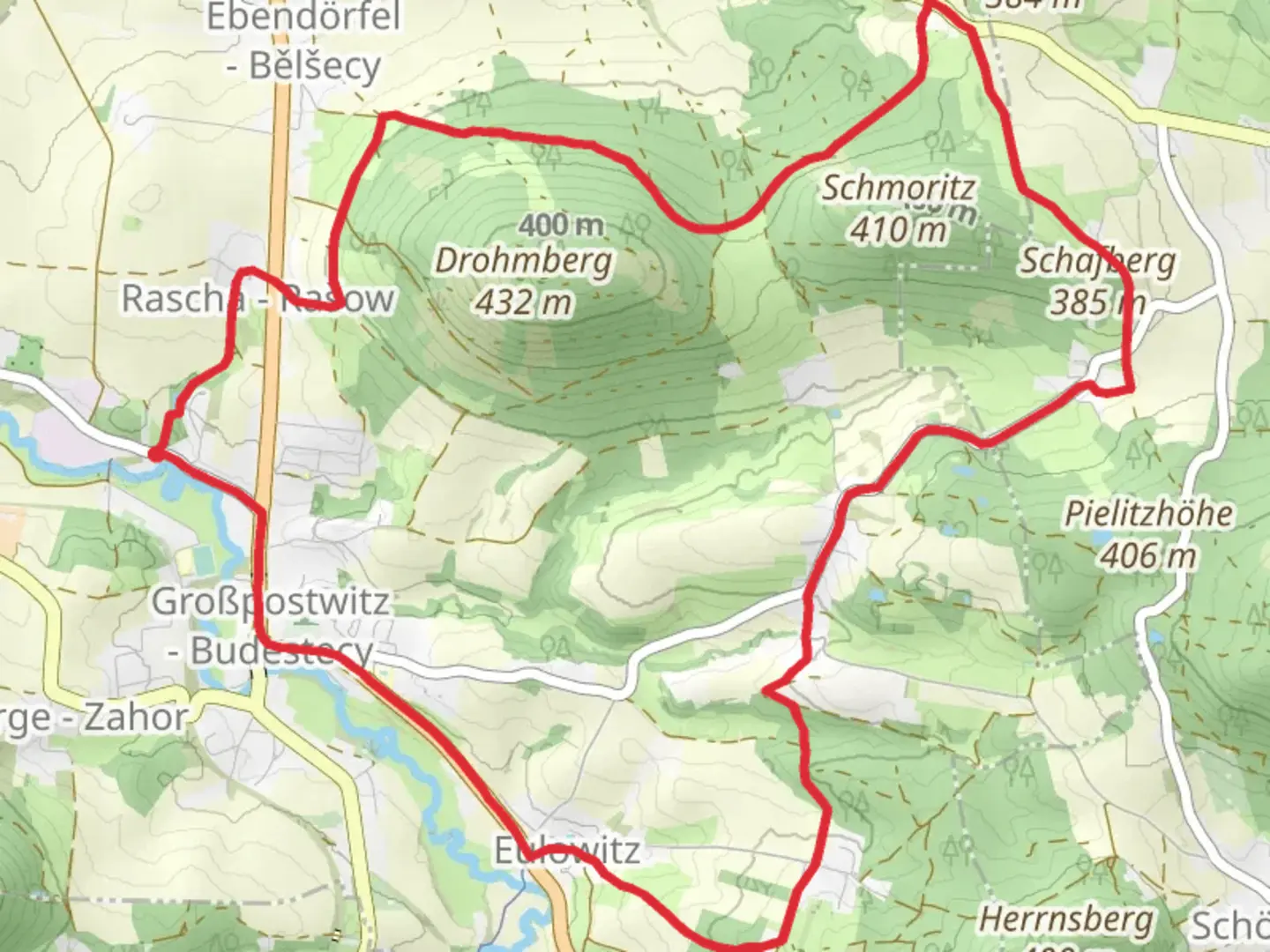 An image depicting the trail Grobpostwitz Loop and its surrounding area.