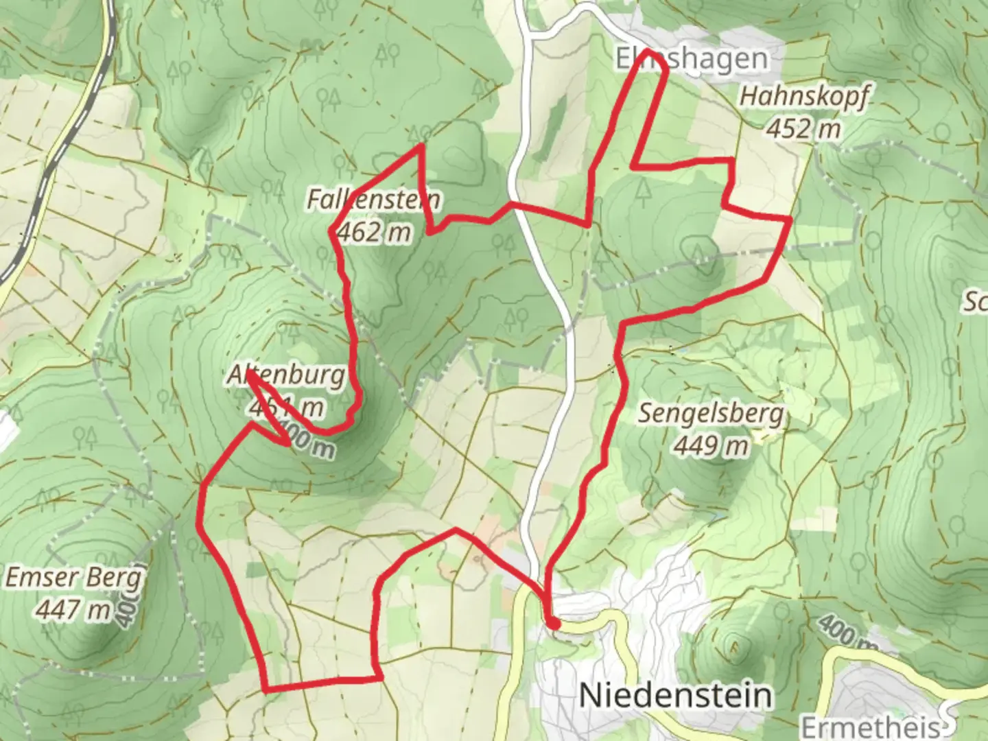 An image depicting the trail Altenburg, Falkenstein Castle and Steinberg Loop and its surrounding area.