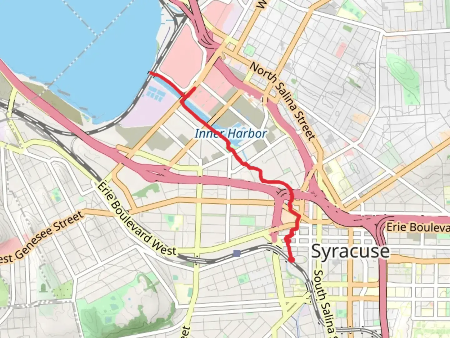 An image depicting the trail Inner Karbour and Onondaga Creek and its surrounding area.