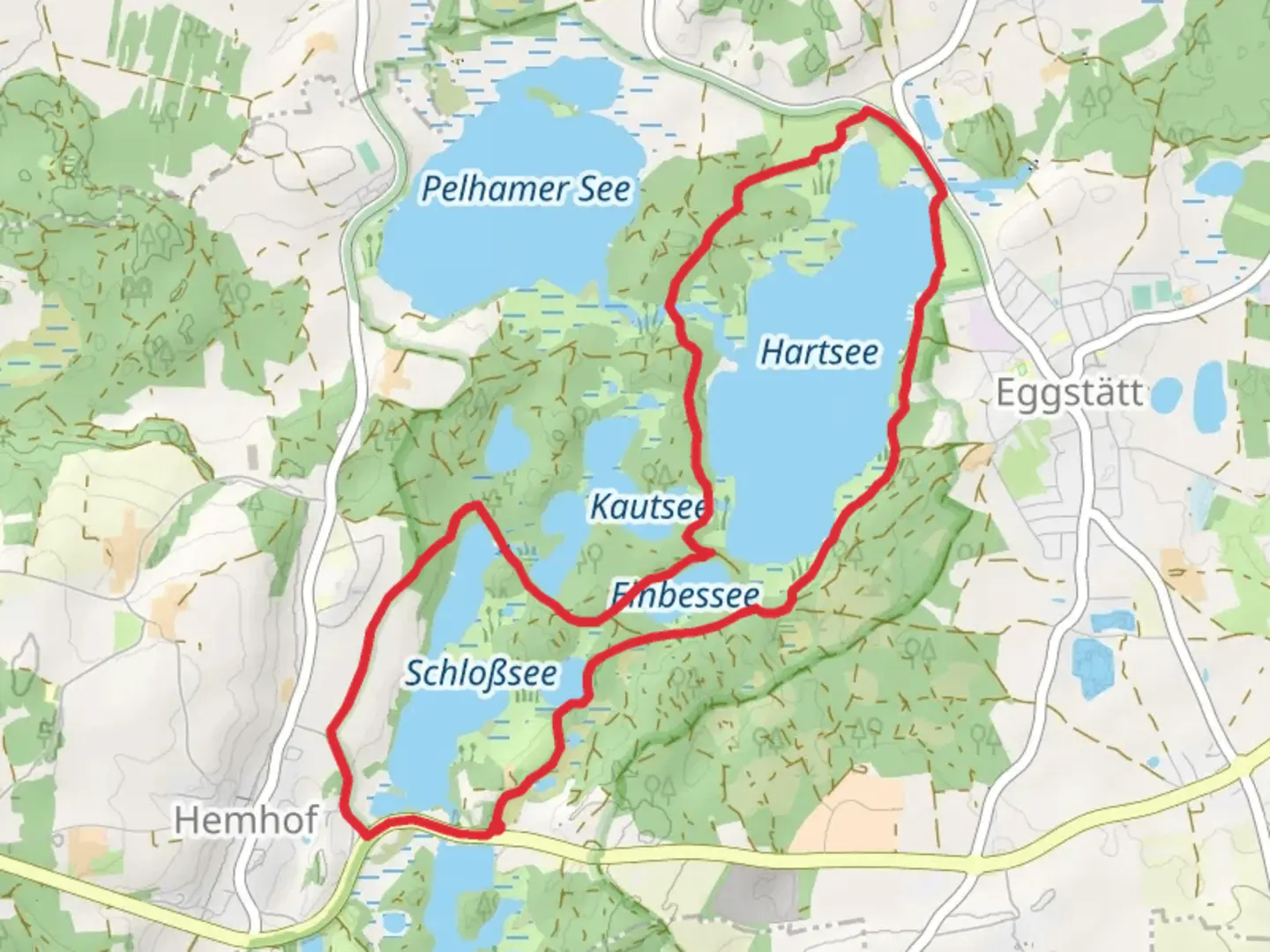 An image depicting the trail Kesselsee and Hartsee Loop via Bad Endorf and Hartsee Rundweg and its surrounding area.