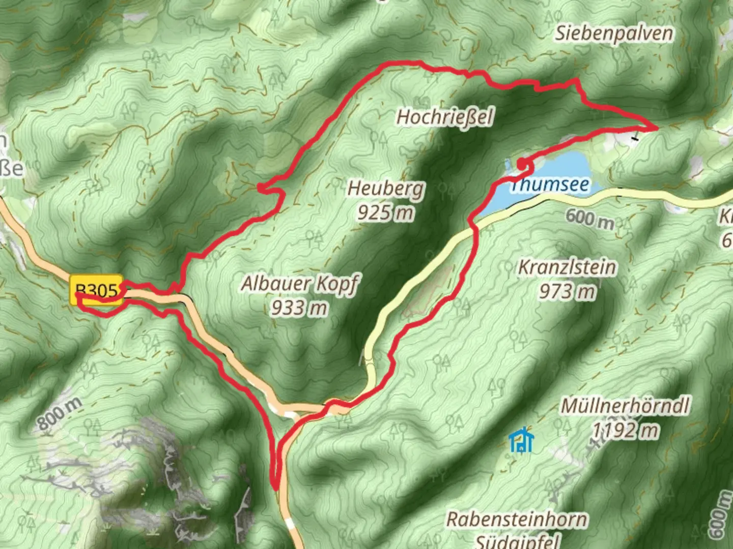 An image depicting the trail Thumsee, and Kreutzerhof via Hoellenbachweg and its surrounding area.