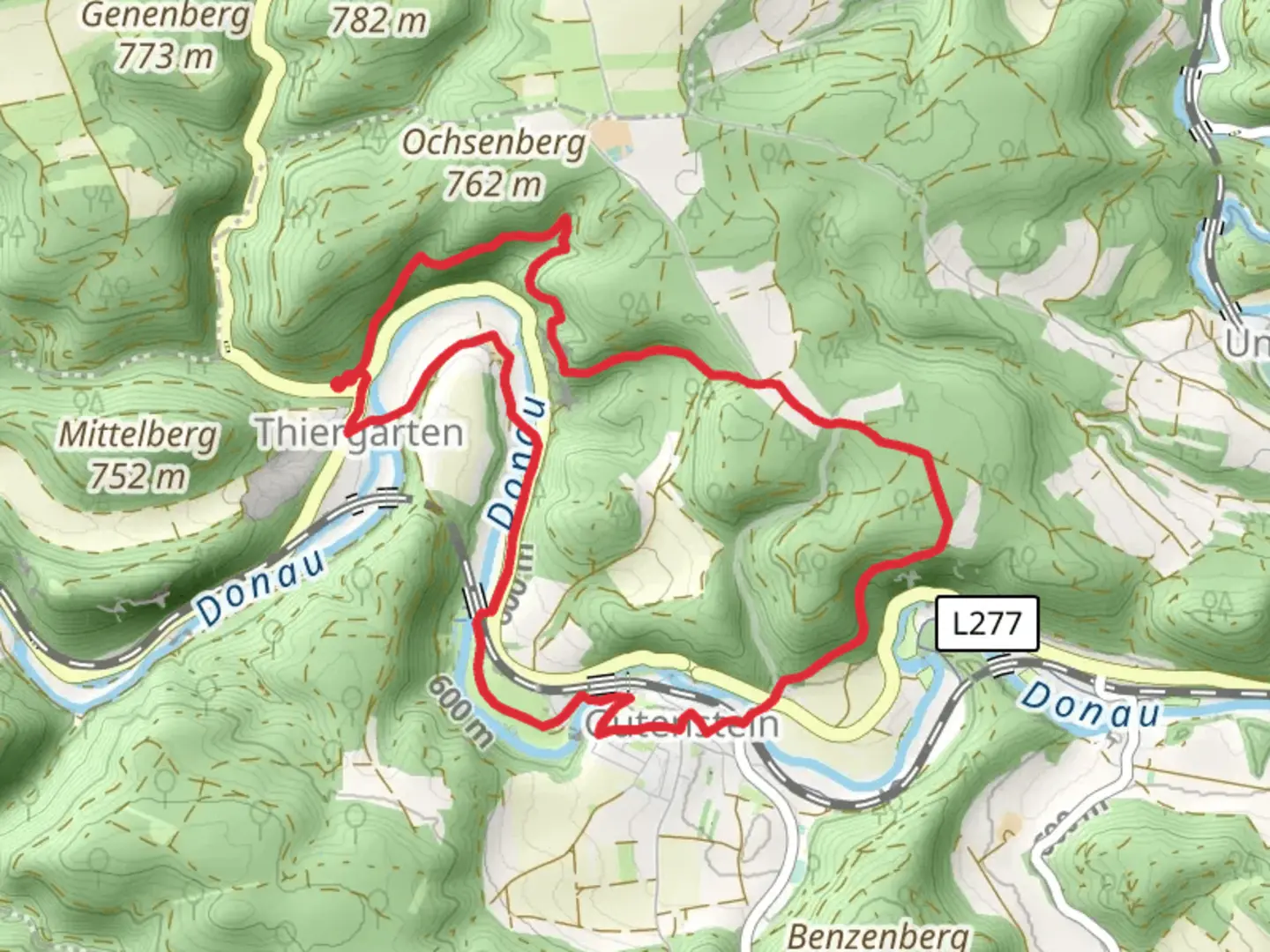 An image depicting the trail Donau Zollernalb Weg and Thiergarten - Gutenstein and its surrounding area.