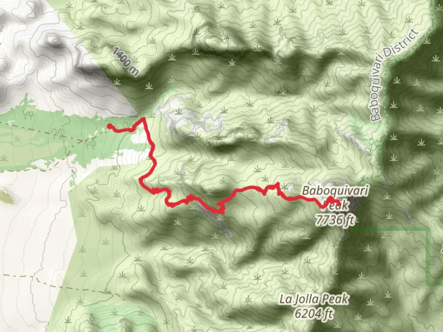 An image depicting the trail Baboquivari Peak via Waw Giwulk Trail and its surrounding area.