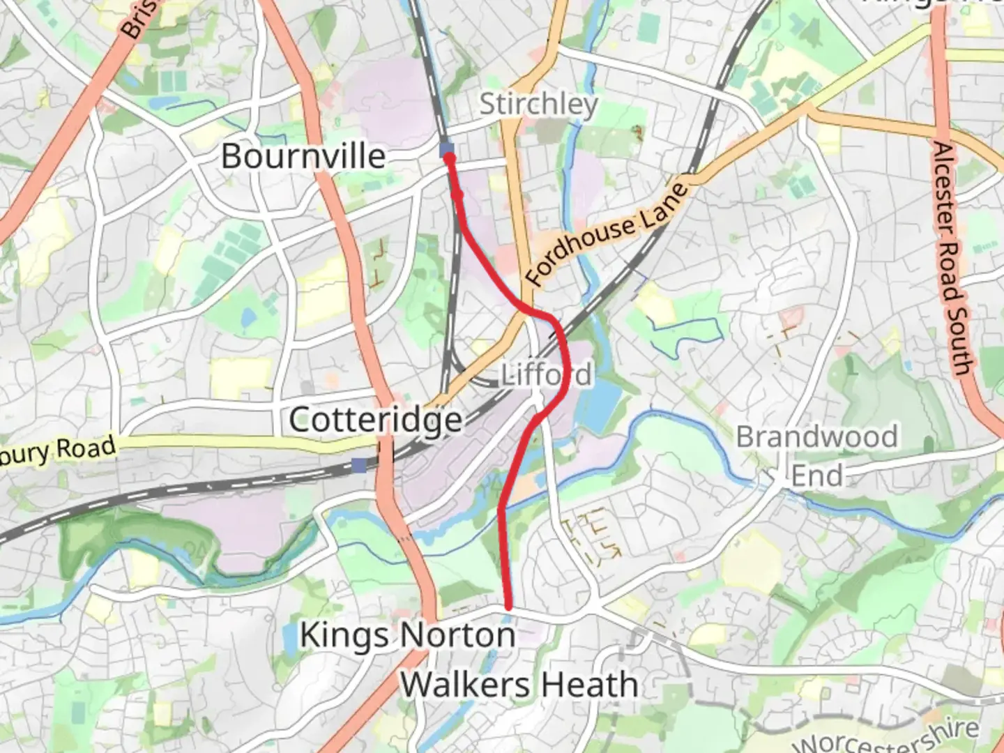 An image depicting the trail Worcester and Birmingham Canal Walk from Bournville and its surrounding area.