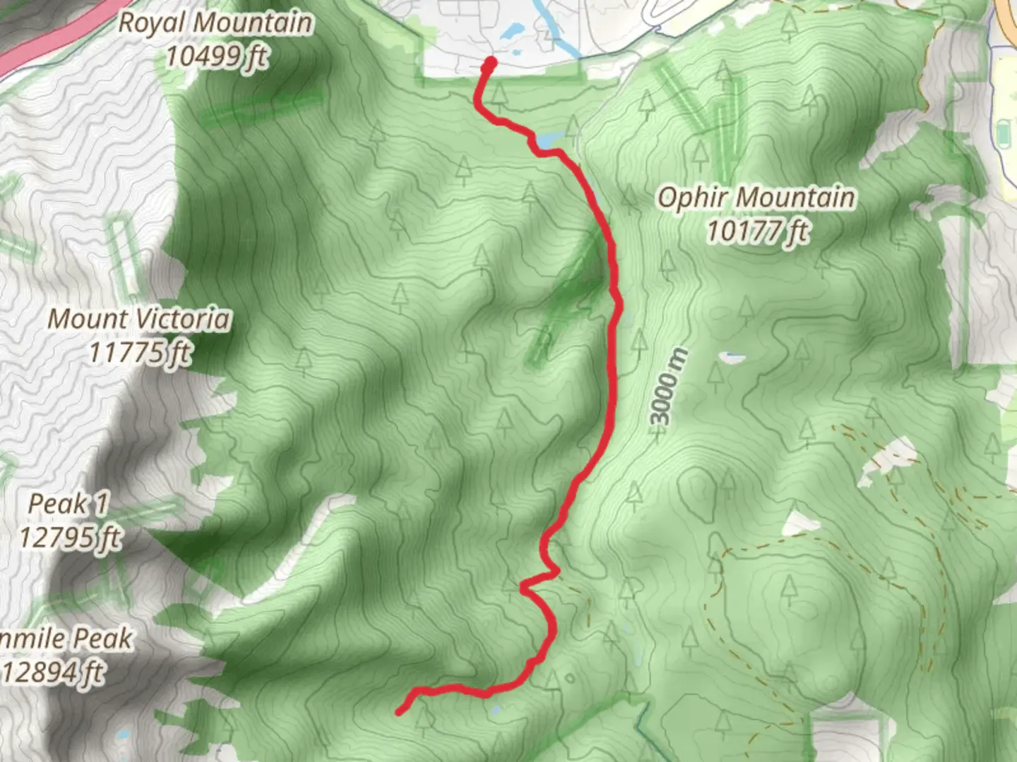 An image depicting the trail Peaks Trail and Miner's Creek Road and its surrounding area.