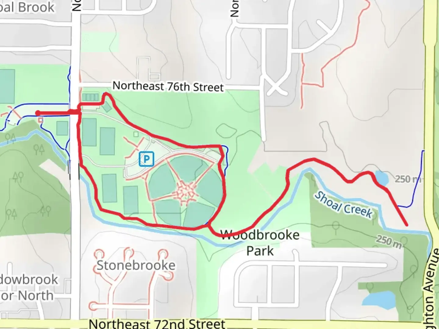 An image depicting the trail Shoal Creek and Happy Rock Loop Trail and its surrounding area.