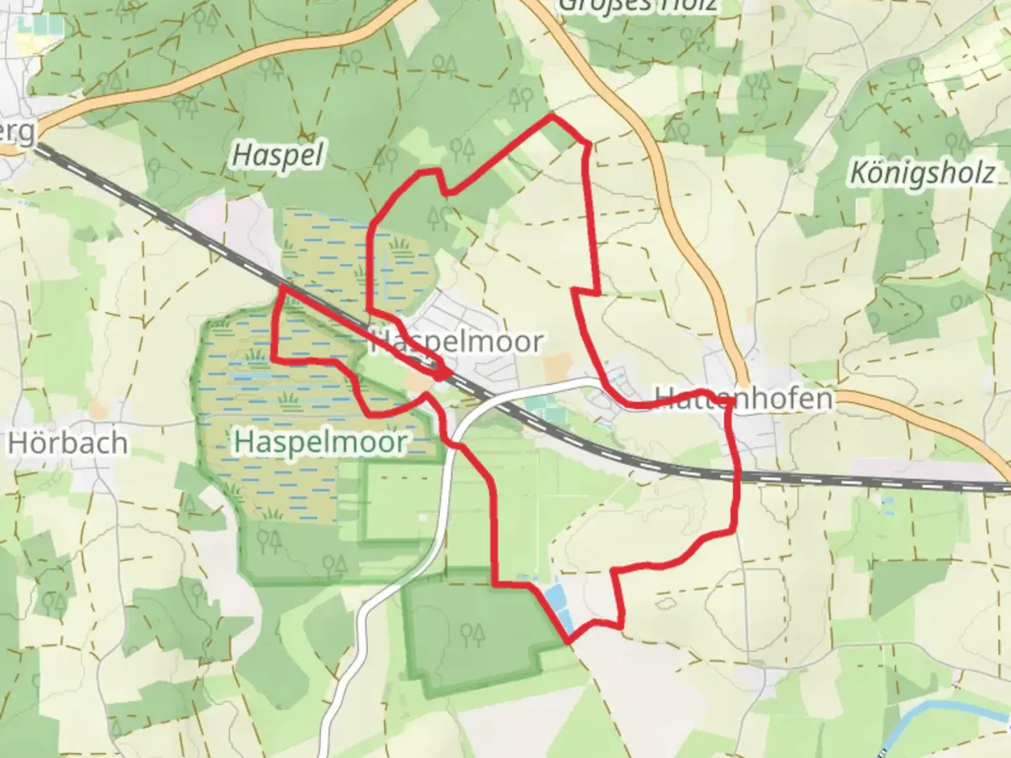 An image depicting the trail Haspelmoor and Hattenhofen Loop and its surrounding area.