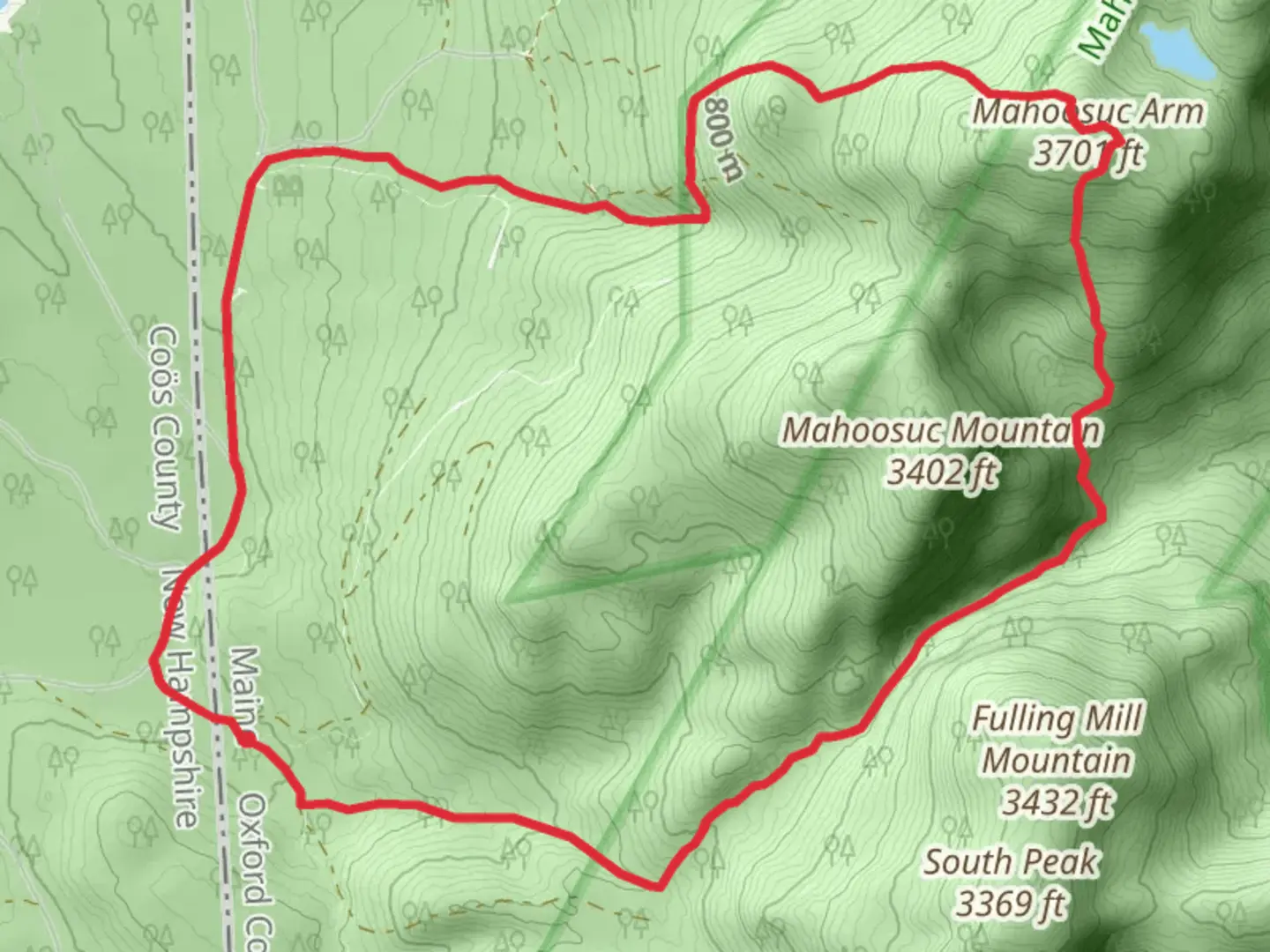 An image depicting the trail Mahoosuc Mountain and Mahoosuc Arm Loop Trail and its surrounding area.