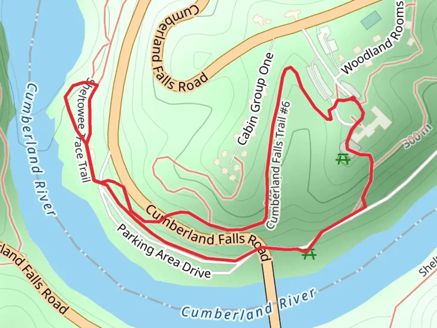 An image depicting the trail Cumberland Falls and Sheltowee Trace Loop Trail and its surrounding area.