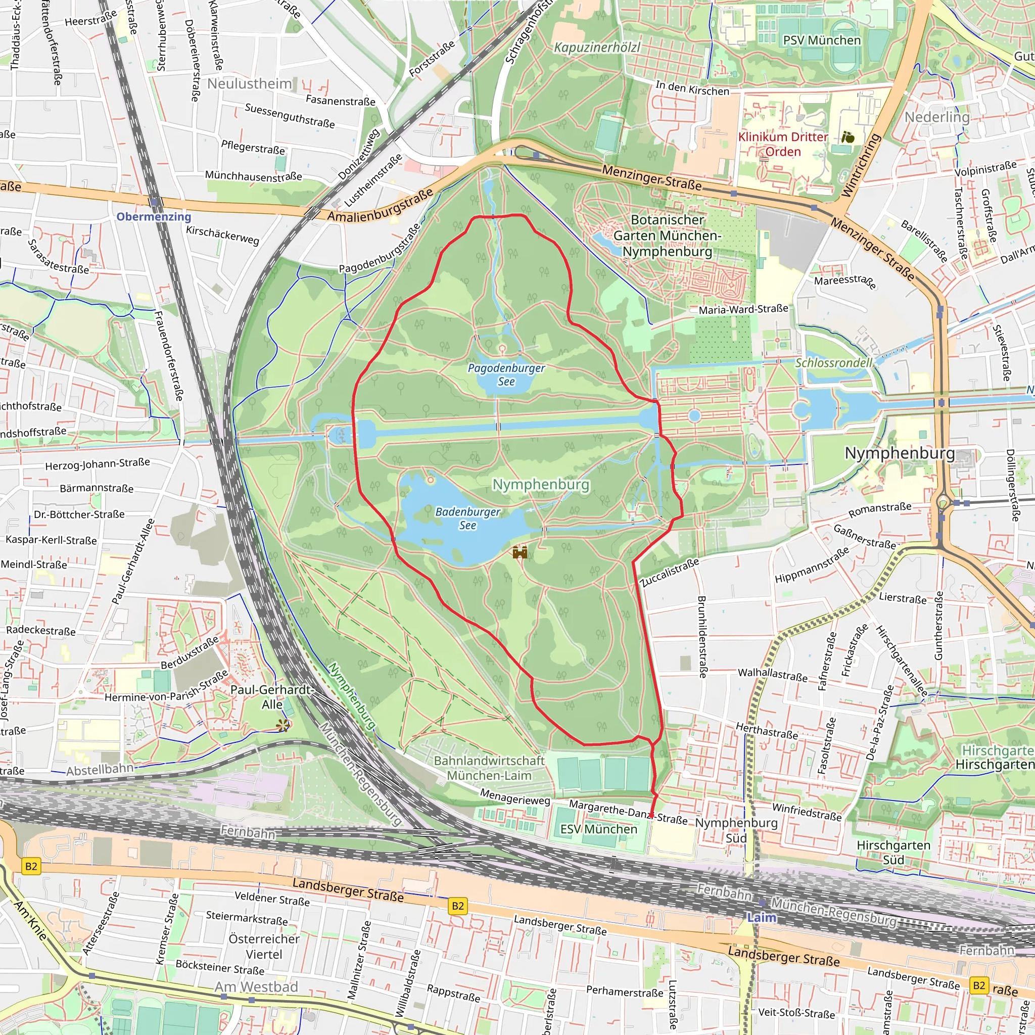 Schlosspark Nymphenburg Loop via Badenburger See mobile static map