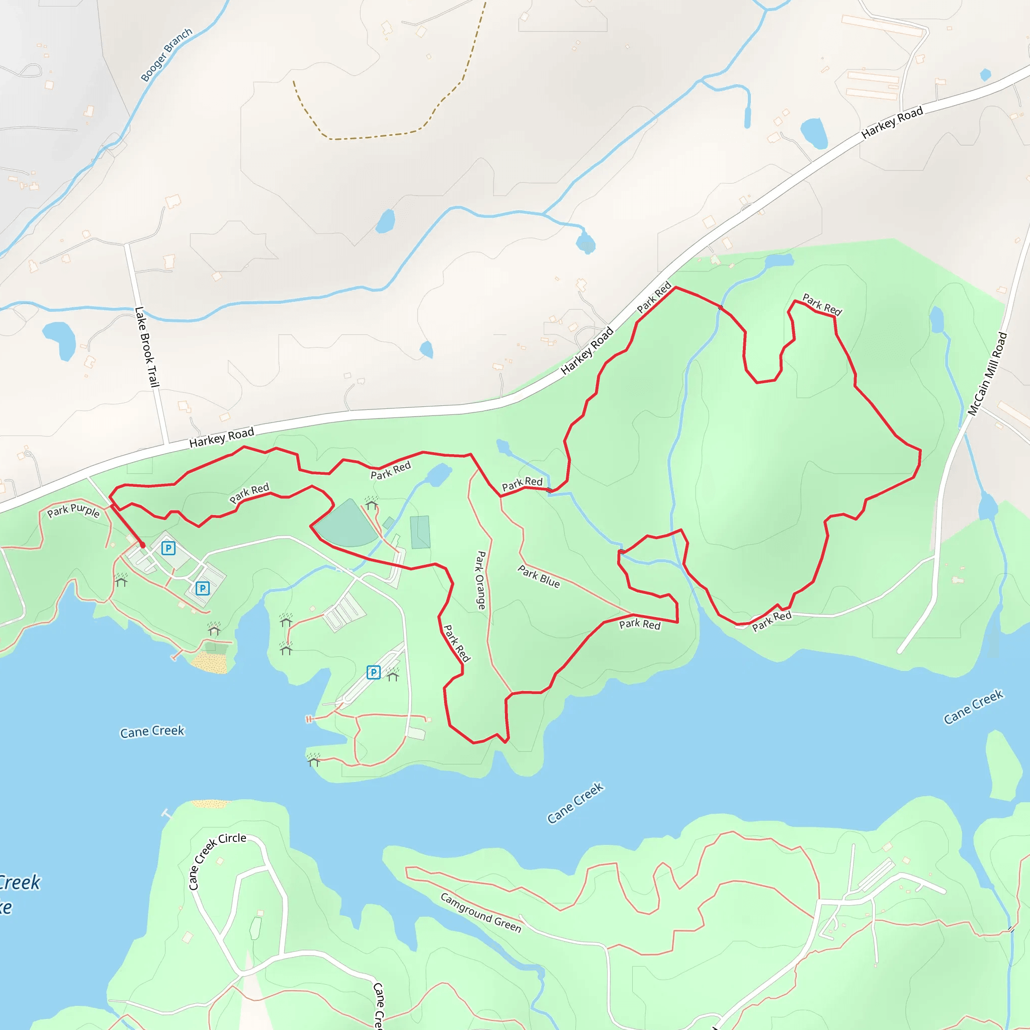 Park Red Loop from Cane Creek Lake mobile static map