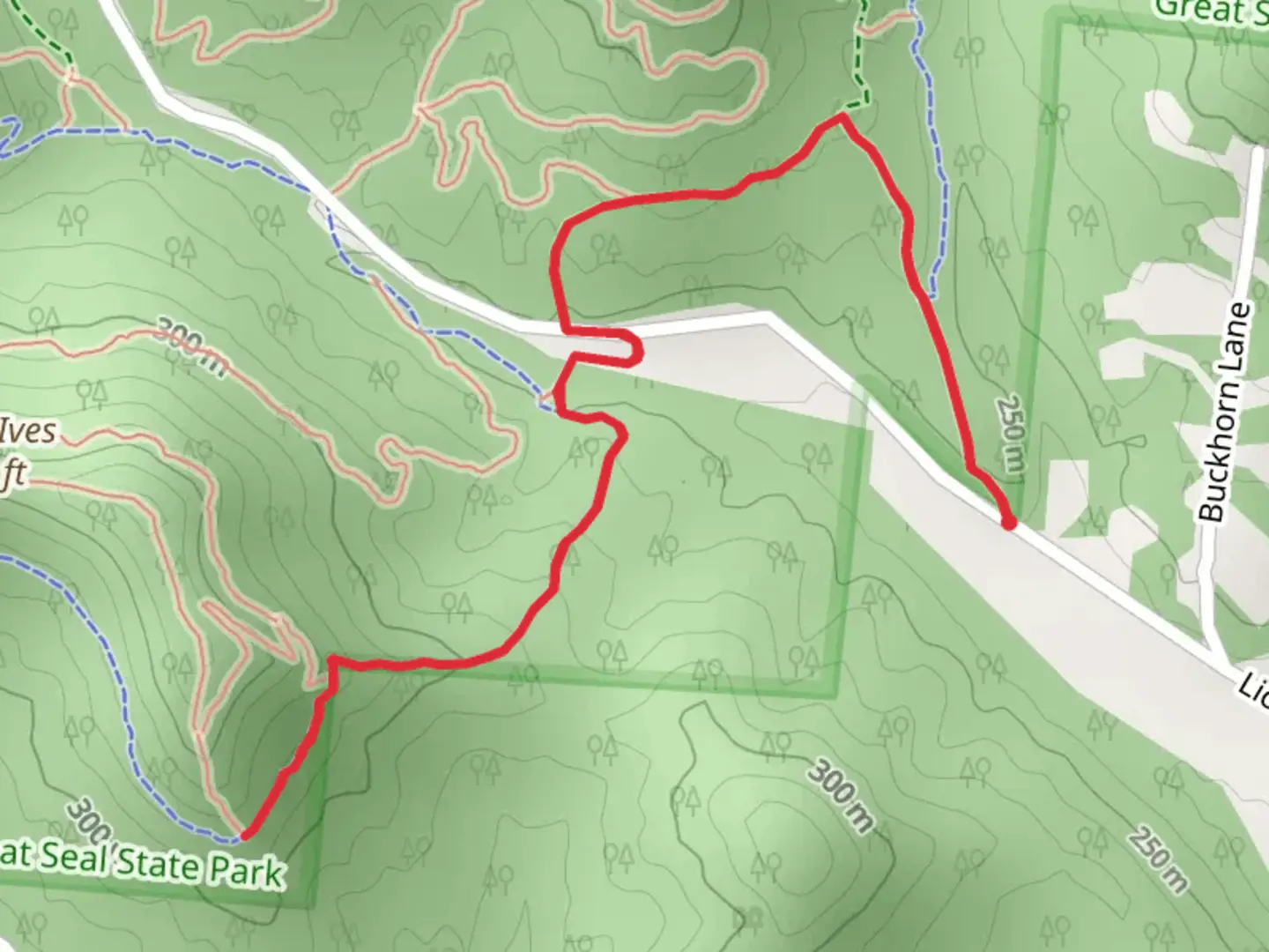 An image depicting the trail Barbwire, Lower Cellar West and Lick Run Access and its surrounding area.
