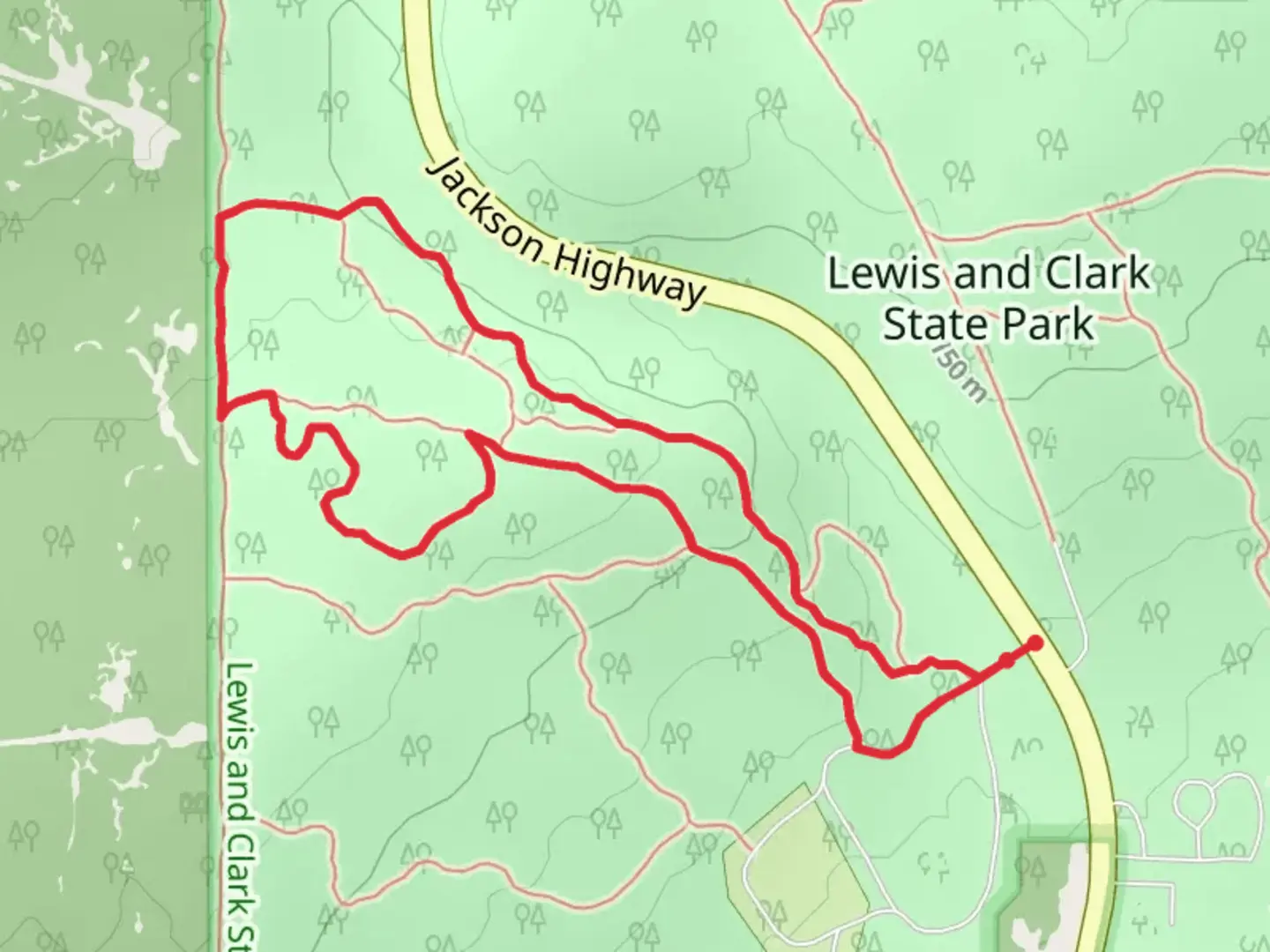 An image depicting the trail Lewis and Clark State Park Loop - West and its surrounding area.