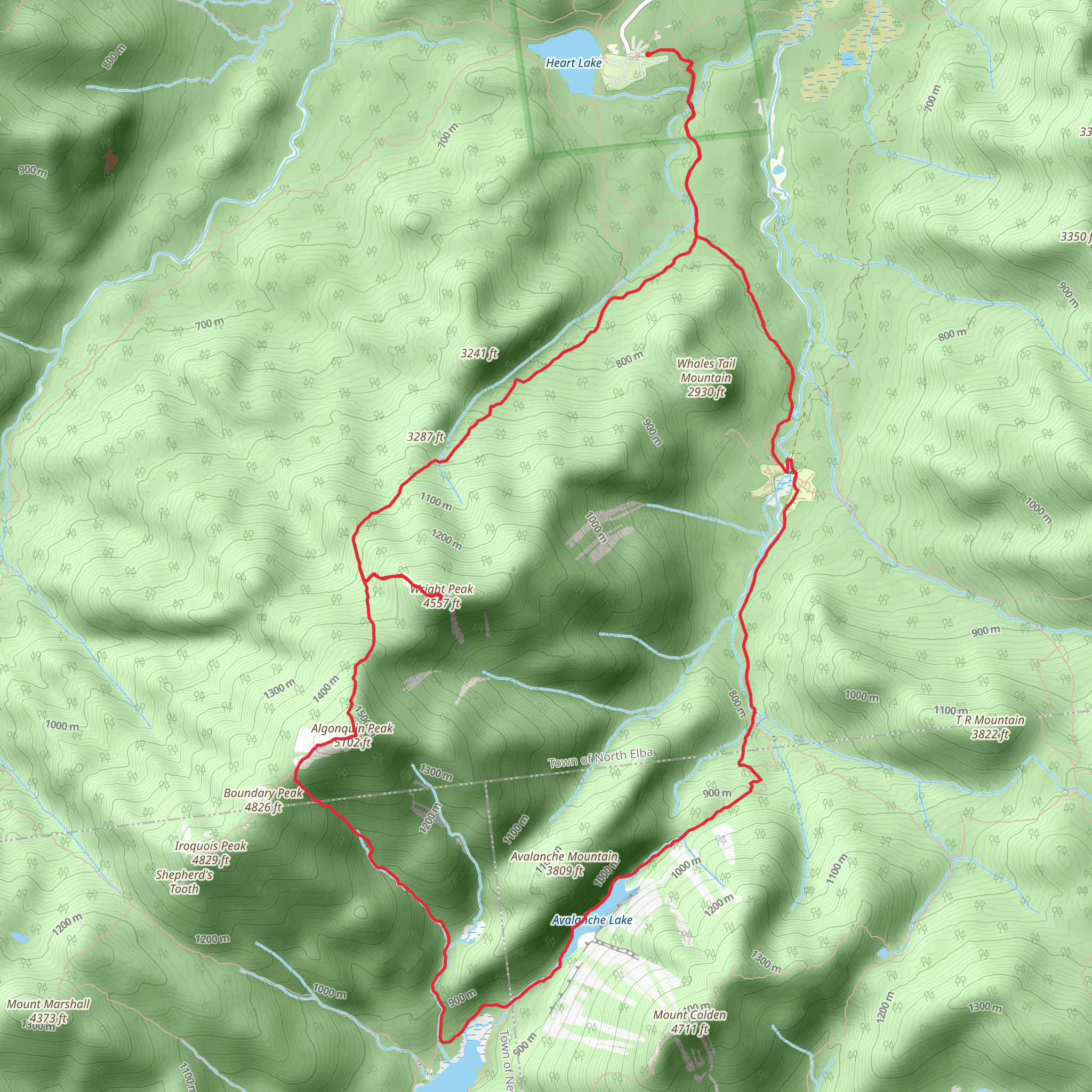 Algonquin Peak and Avalanche Lake Loop Trail via Heart Lake mobile static map