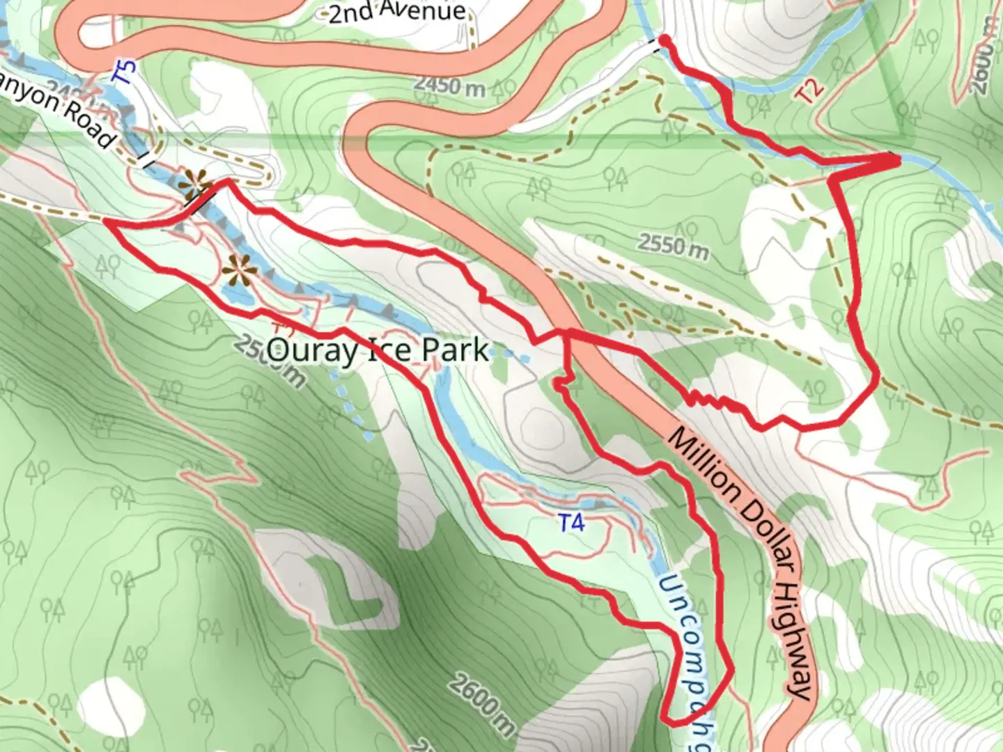 An image depicting the trail Ouray Ice Park Loop via Perimeter Trail and its surrounding area.