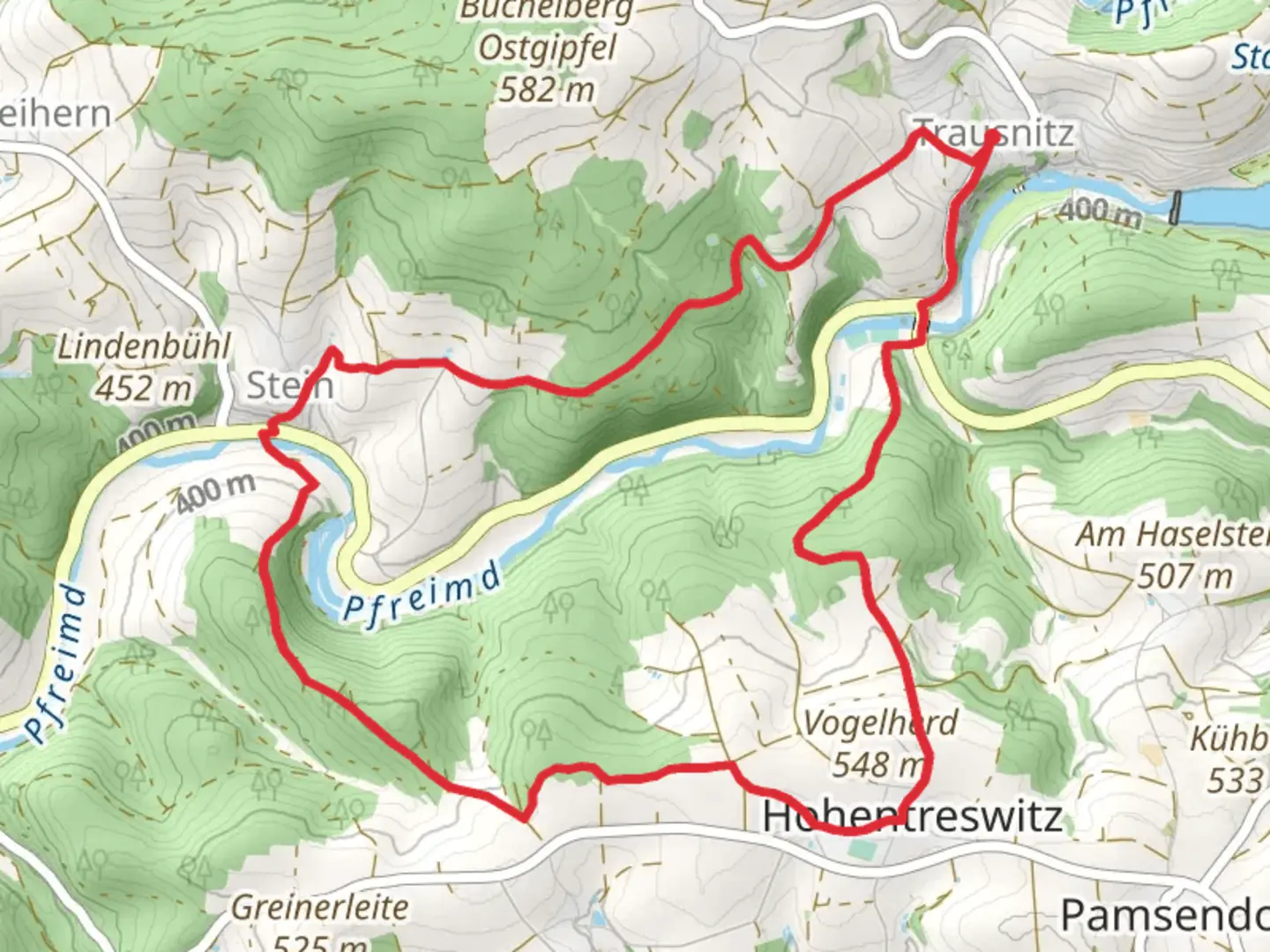 An image depicting the trail Trausnitz Stein Hohentresswitz Loop and its surrounding area.