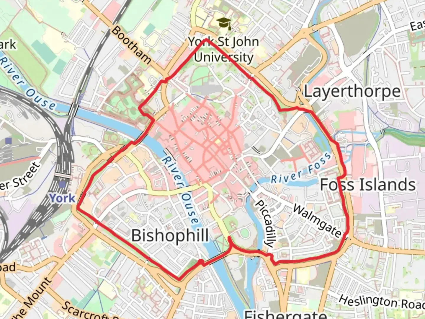 An image depicting the trail York CIty Walls Loop and its surrounding area.
