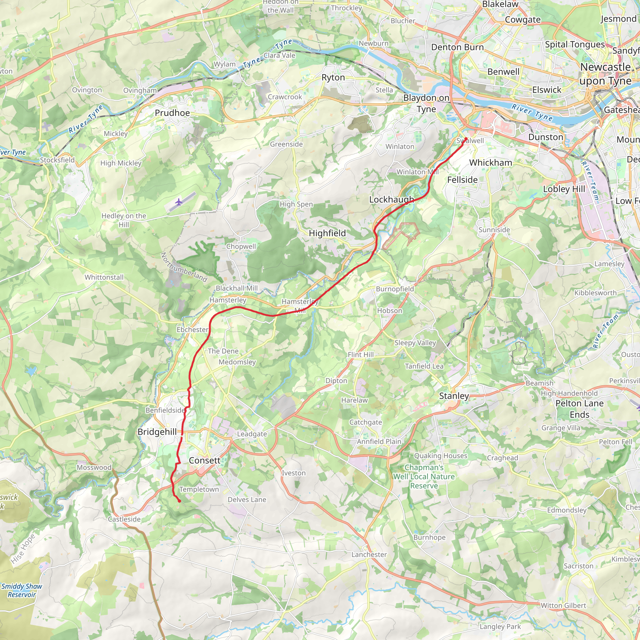 Swalwell to Knitsley via Derwent Walk mobile static map