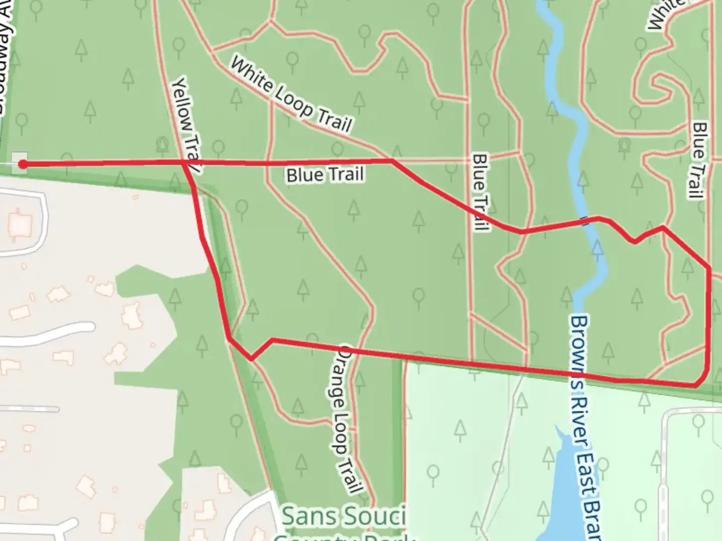An image depicting the trail White Loop Trail from Broadway Avenue and its surrounding area.