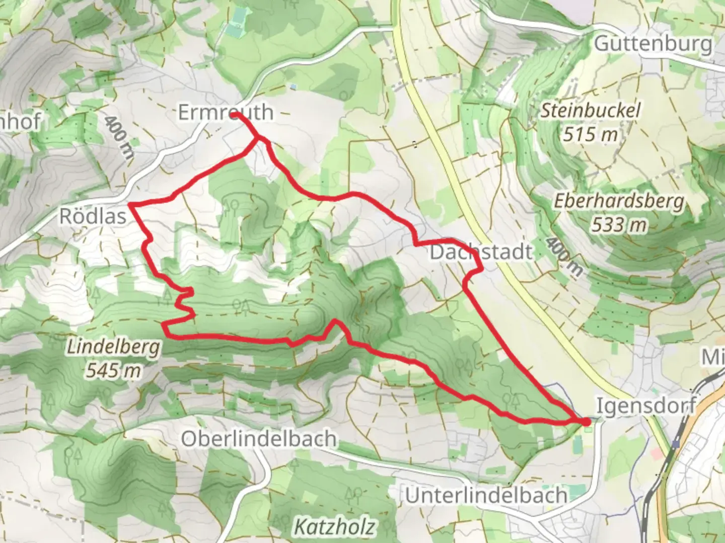An image depicting the trail Lettenmuhle, Zum Weiben Lamm and Lindelberg Loop - Leyerbergweg and its surrounding area.