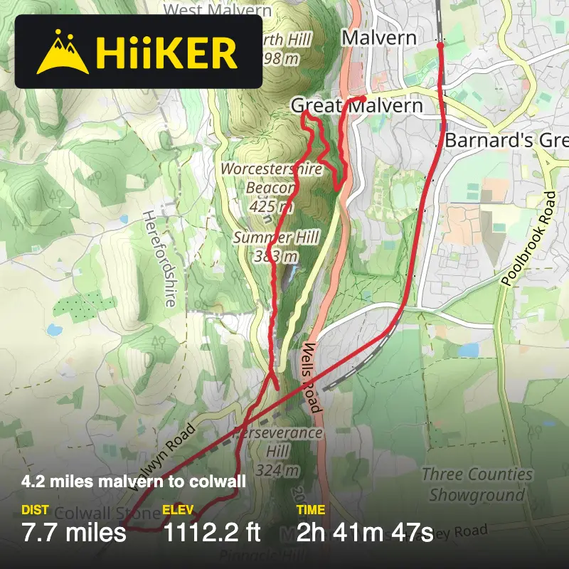 A map preview of the recording 4.2 miles malvern  to colwall.