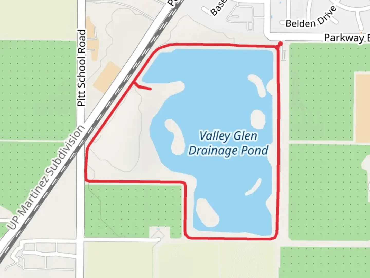 An image depicting the trail Valley Glen Drainage Pond Loop and its surrounding area.