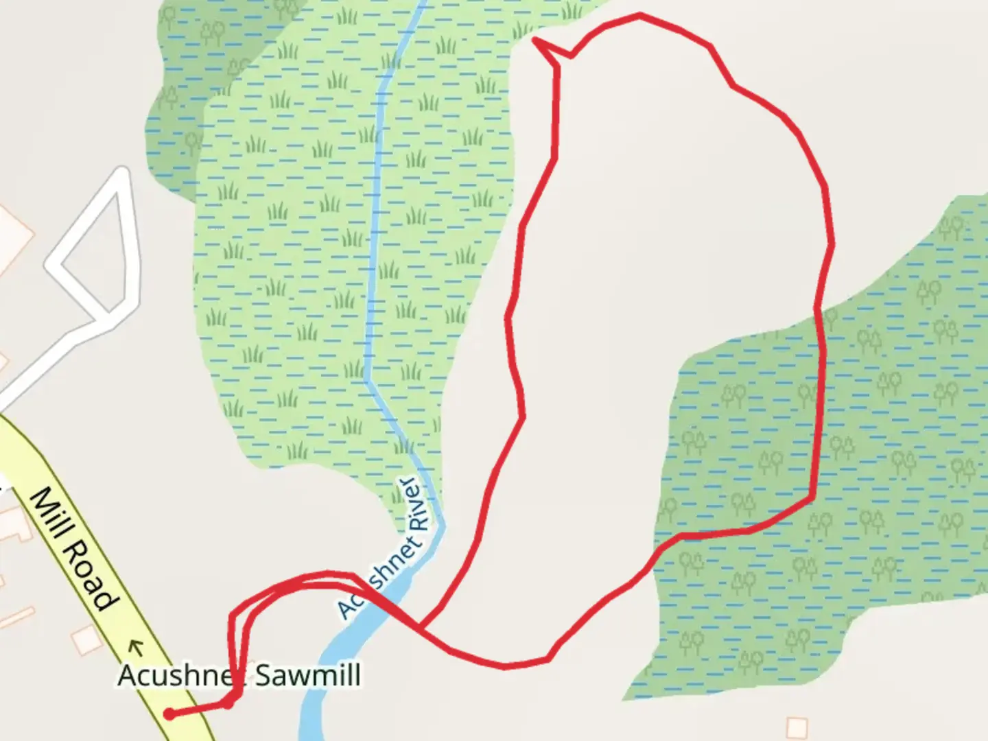 An image depicting the trail Mill Pond Loop via Acushnet River and its surrounding area.