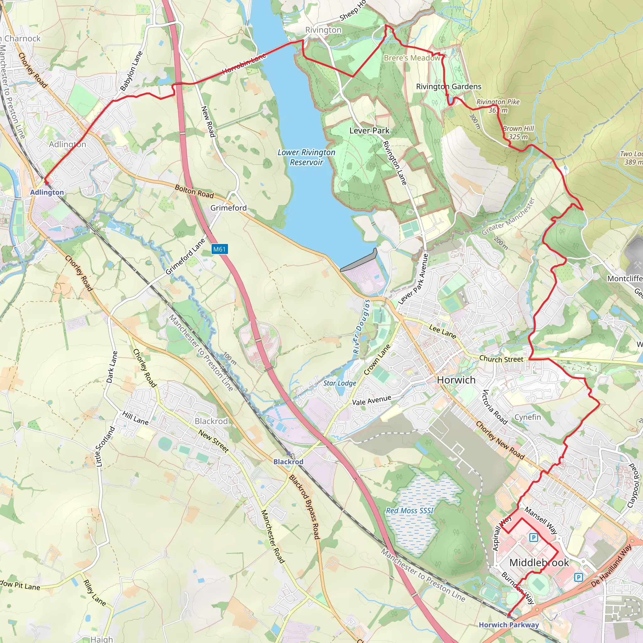 Adlington to Horwich Parkway Walk mobile static map