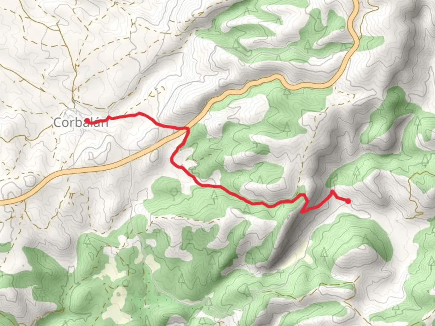 An image depicting the trail Corbalan - Big House of Escriche PR TE 34 and its surrounding area.