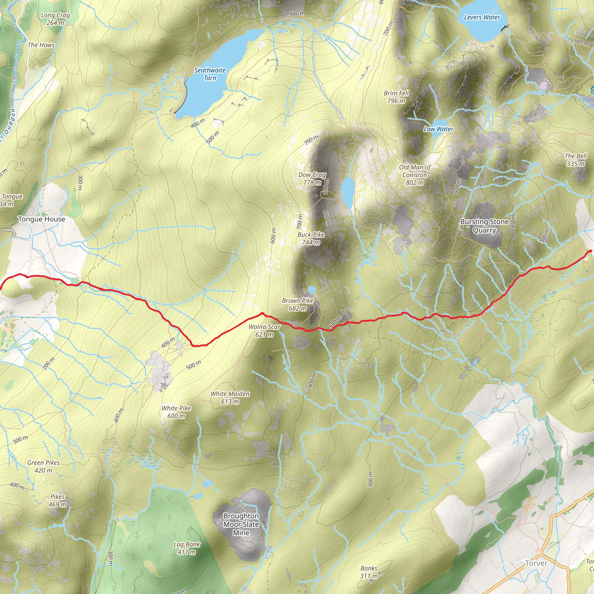 Coniston to Seathwaite Walk via Walna Scar mobile static map